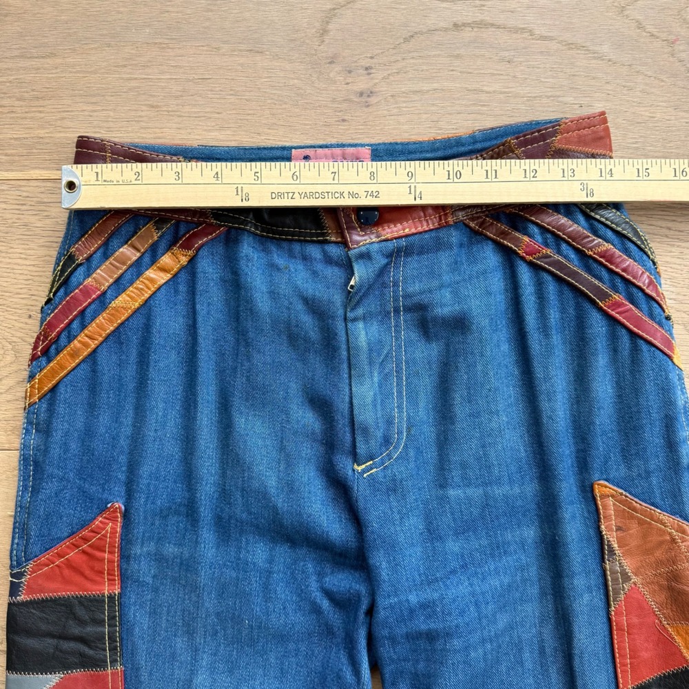Vintage‎ 70s Aura Denim Leather Patchwork 2 Piece Set Vest Flare Pants M 13/14 - Picture 8 of 12